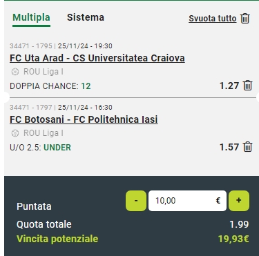 Raddoppio Botosani vs Poli Iasi e UTA Arad vs CS U Craiova