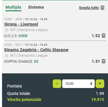 Raddoppio Dinamo Zagreb vs Celtic e Girona vs Liverpool