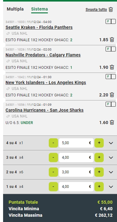 Sistema Lucky 15 NHL 11/12/24