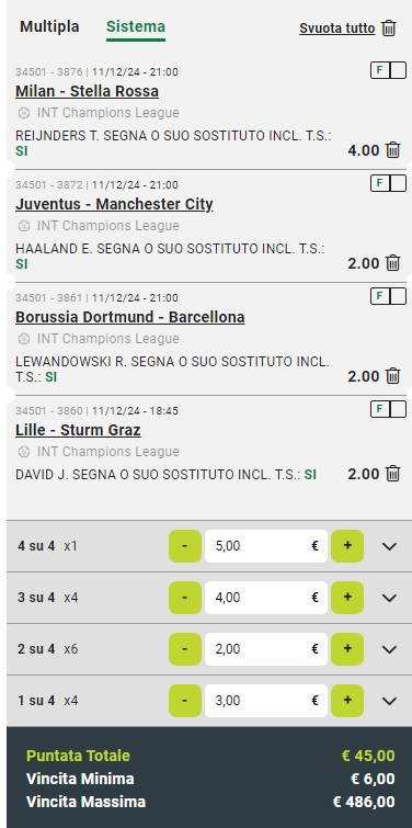 Sistema Lucky 15 Speciale Marcatori Champions League