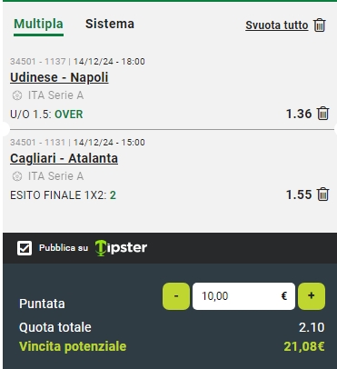 Raddoppio Cagliari vs Atalanta e Udinese vs Napoli 