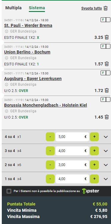 Sistema Lucky 15 Bundesliga 14/12/24 