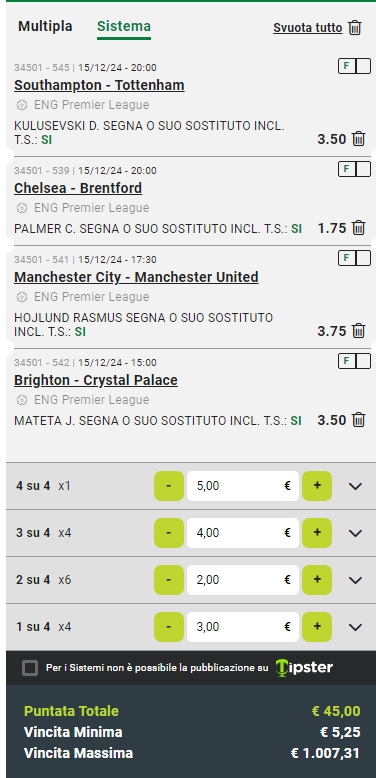 Sistema Lucky 15 Speciale Marcatori Premier League 