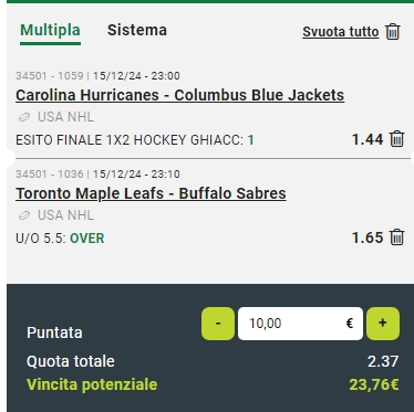 Raddoppio Sabres vs Maple Leafs e Blue Jackets vs Hurricanes