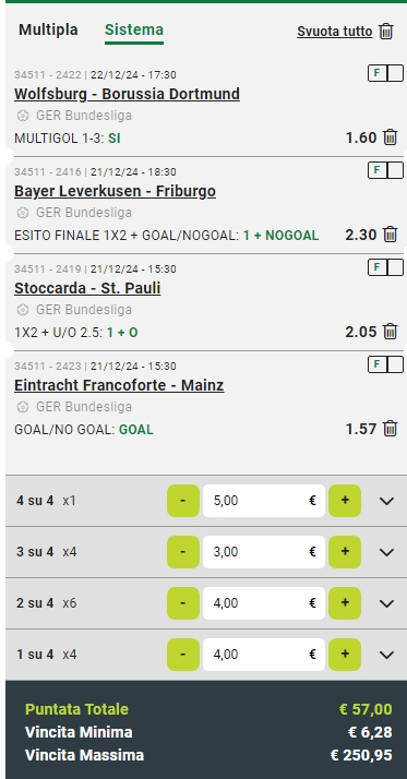 Sistema Lucky 15 German Bundesliga 15°Giornata