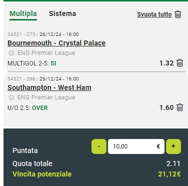 Raddoppio AFC Bournemouth vs Crystal Palace e Southampton vs West Ham