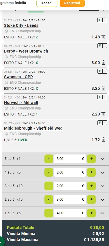 Sistema Lucky 31 EFL Championship 26/12/24