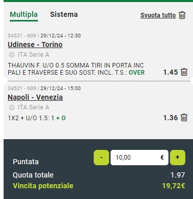 Raddoppio Udinese vs Torino e Napoli vs Venezia 