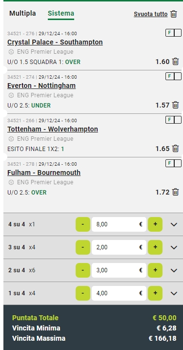 Sistema Lucky 15 Premier League 29/12/24