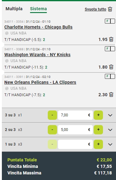 Sistema Trixie NBA ( 3 Partite) 31/12/24 con Clippers vs Pelicans Trixie