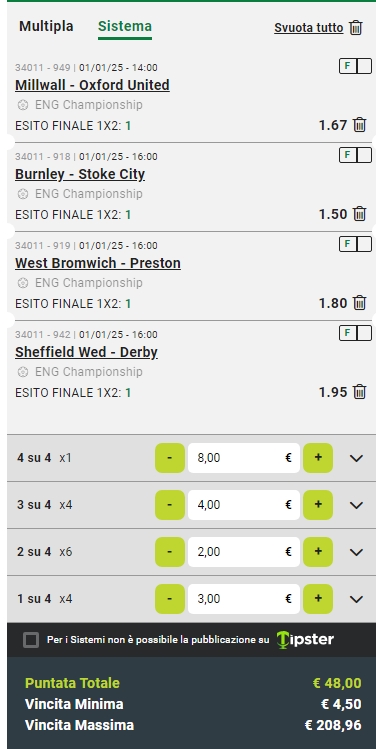 Sistema Lucky 15 ( 4 Match) EFL Championship 01/01/25