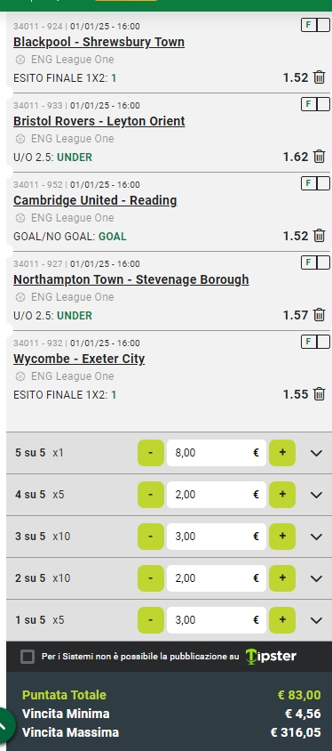 Sistema Lucky 31 ( 5 Match) EFL League One 01/01/25