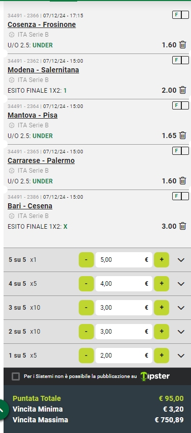 Sistema Lucky 31 Italy Serie B 07/12/24