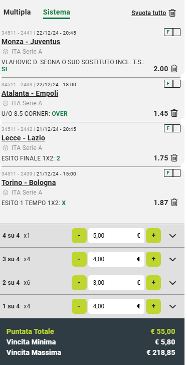 Sistema Lucky 15 Serie A 17 Giornata 21 e 22 Dicembre 2024 con Torino vs Bologna LUCKY 15 Soccer