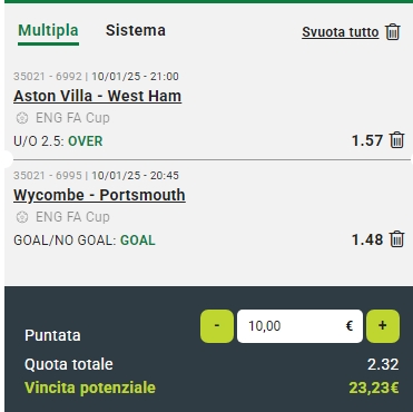 Raddoppio Wycombe vs Portsmouth e Aston Villa vs West Ham