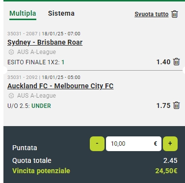 Raddoppio Auckland FC vs Melbourne City e Sidney vs Brisbane Roar