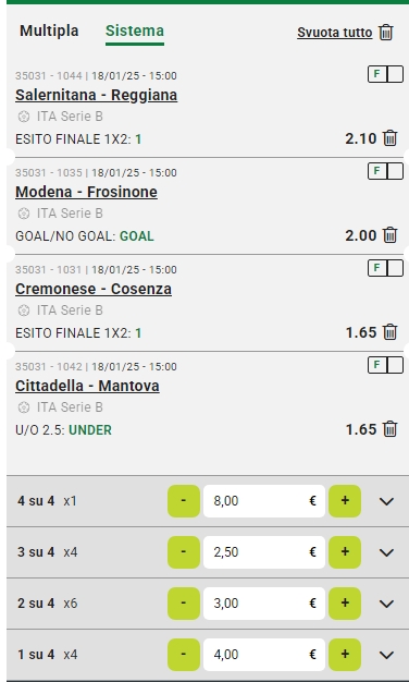 Sistema Lucky 15 Serie B 18/01/25