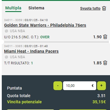 Multipla NBA 03/12/25 Pacers vs Heat e 76ers vs Warriors