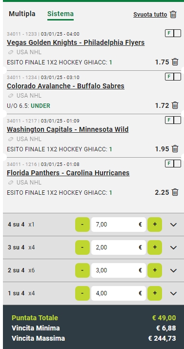 Sistema Lucky 15 NHL ( 4 Match) 03/01/25