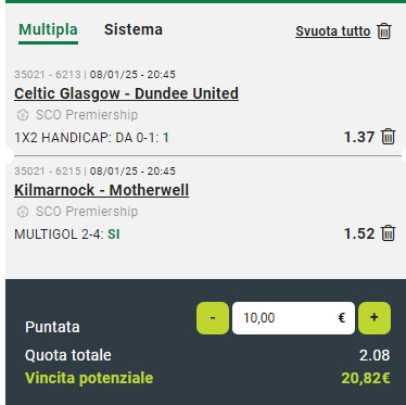 Raddoppio Kilmarnock vs Motherwell e Celtic vs Dundee Utd